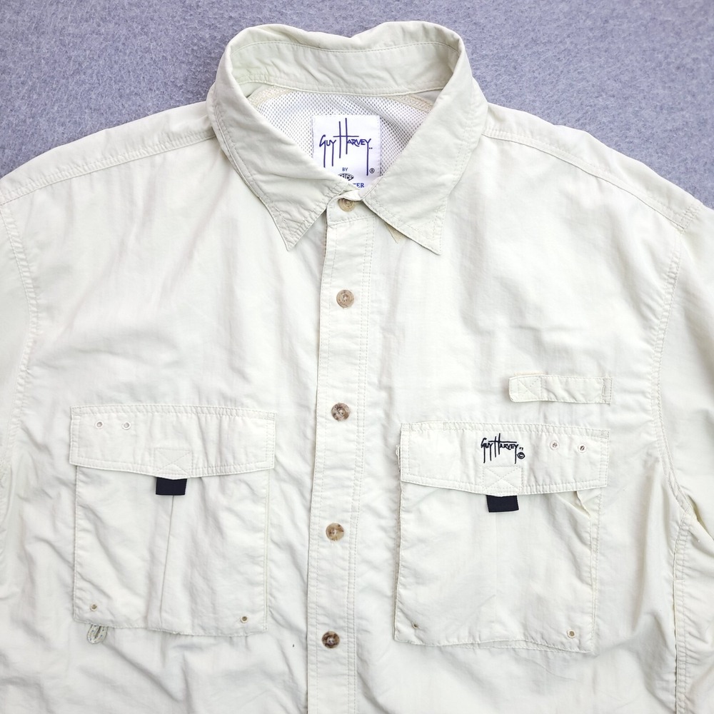 AFTCO Guy Harvey Button Up Shirt Large Fishing Vented Nylon Marlin Khaki Mens